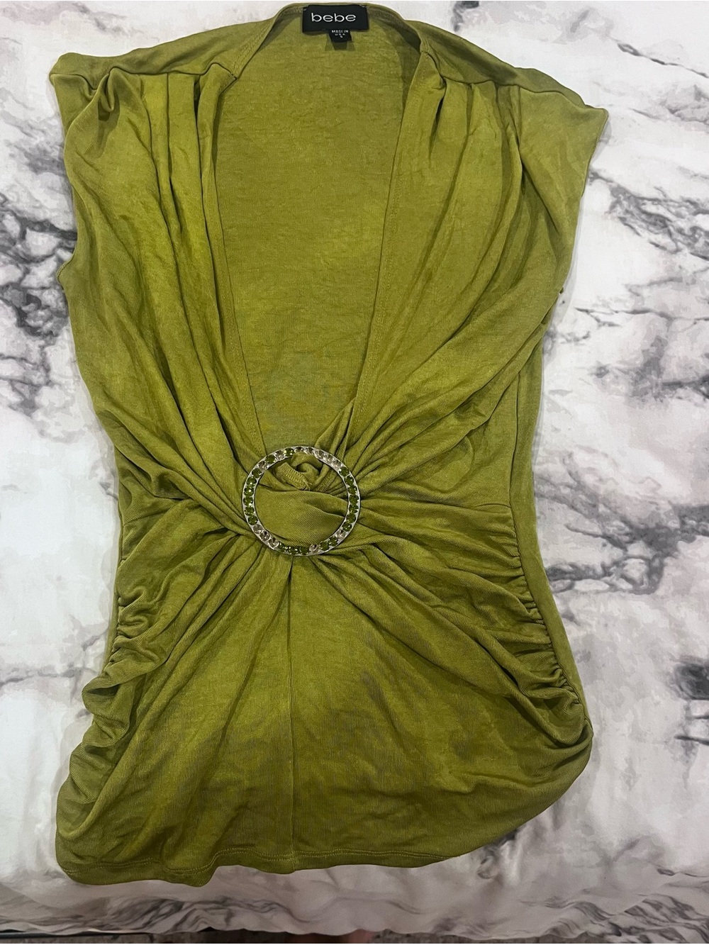 bebe Olive Green Ruched Ring-Front Women’s Top